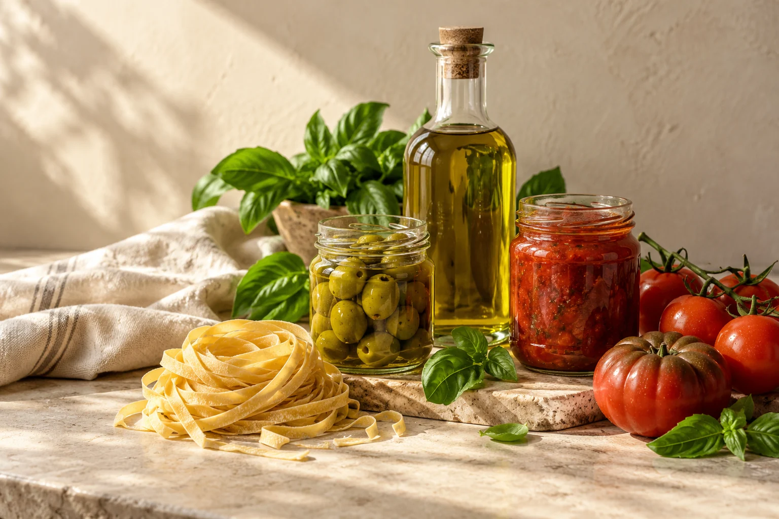 Aceite de oliva, conservas, pasta y albahaca en una cocina luminosa