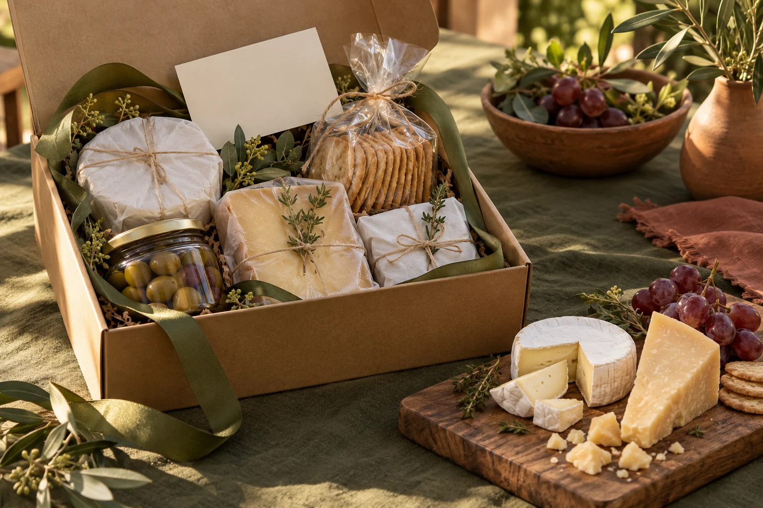 Una selección gourmet presentada en una caja de regalo con cinta